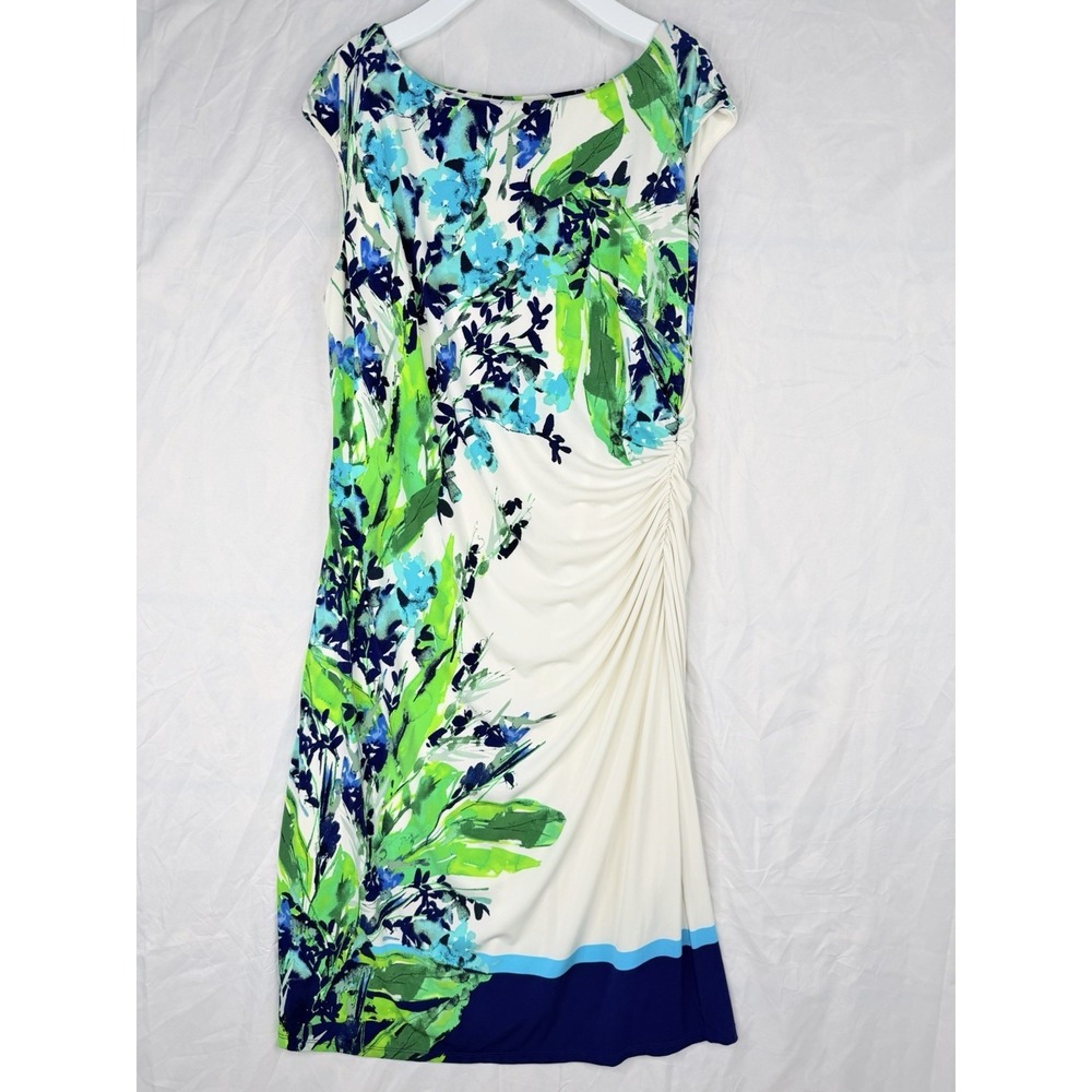 Lauren Ralph Lauren Dress Sleeveless Ruched Ivory & MulticolorFloral Print Sz-16